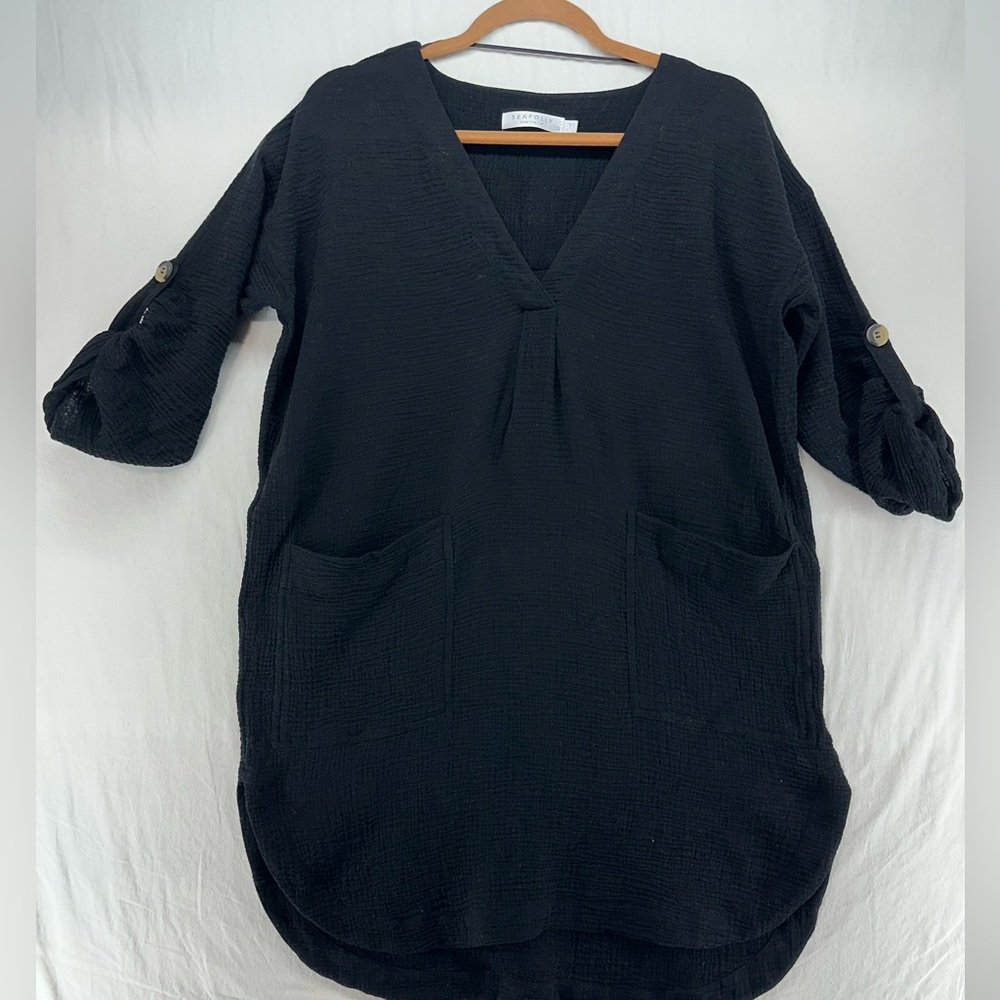 Seafolly Black‎ Crinkle Beach Shirtdress Cover-up Gauze Shirt Dress Swim Size XS